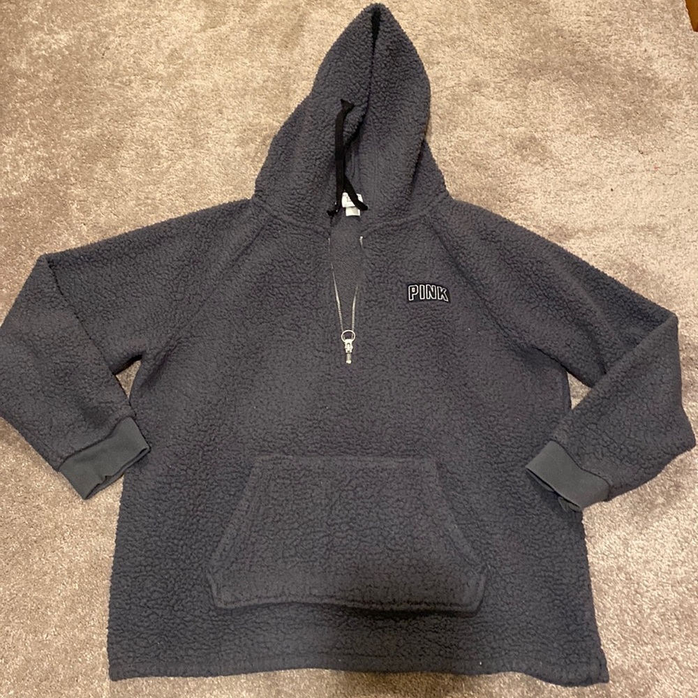 PINK Victoria’s Secret Gray Sherpa Hoodie SIZE L Cozy Fleece Pullover
